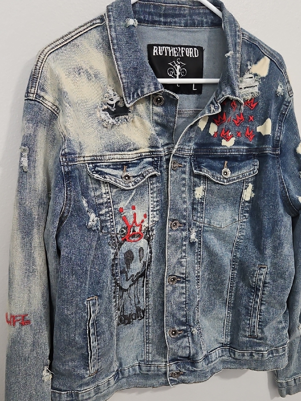 Distressed Blue Jean Jacket with Red Accent Embroidery